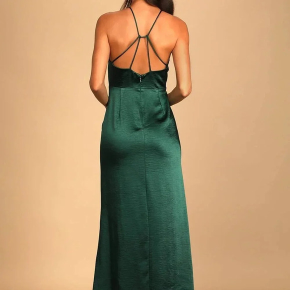 NWOT Lulus Make it Elegant Emerald Green Satin Strappy Maxi Dress - Picture 6 of 8